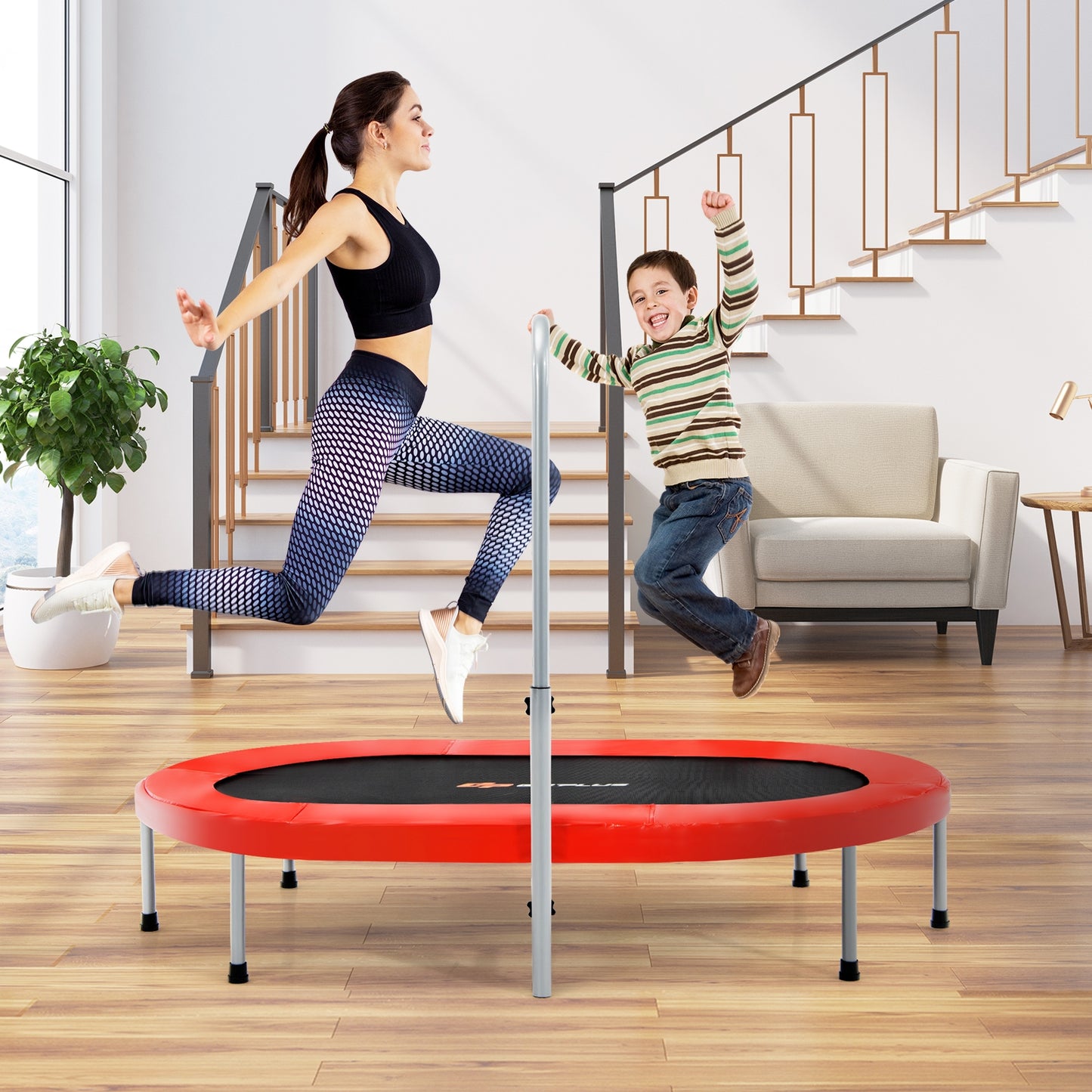 2-Person Foldable Fitness Trampoline with Adjustable Handle