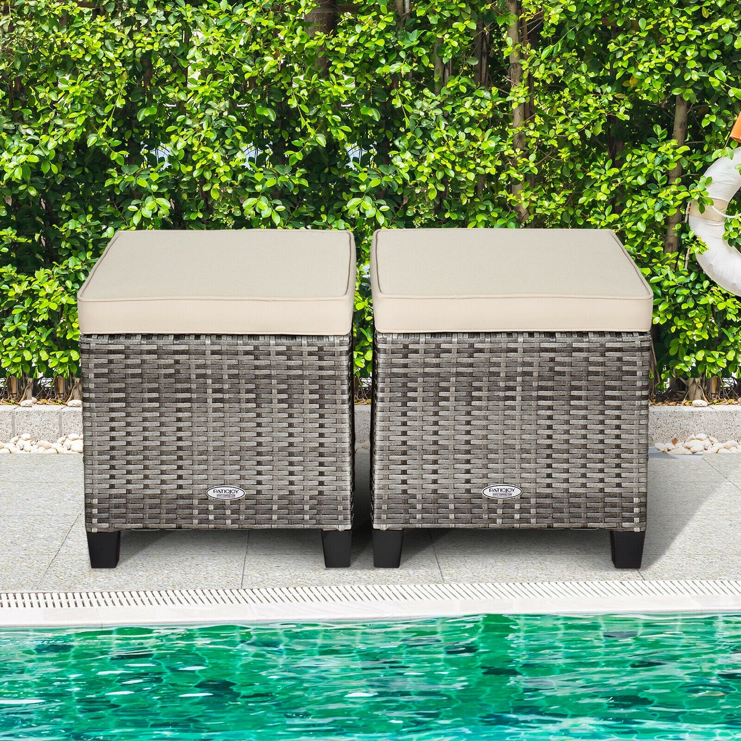 Patio Rattan Ottoman Set with Removable Cushions (2-Piece)
