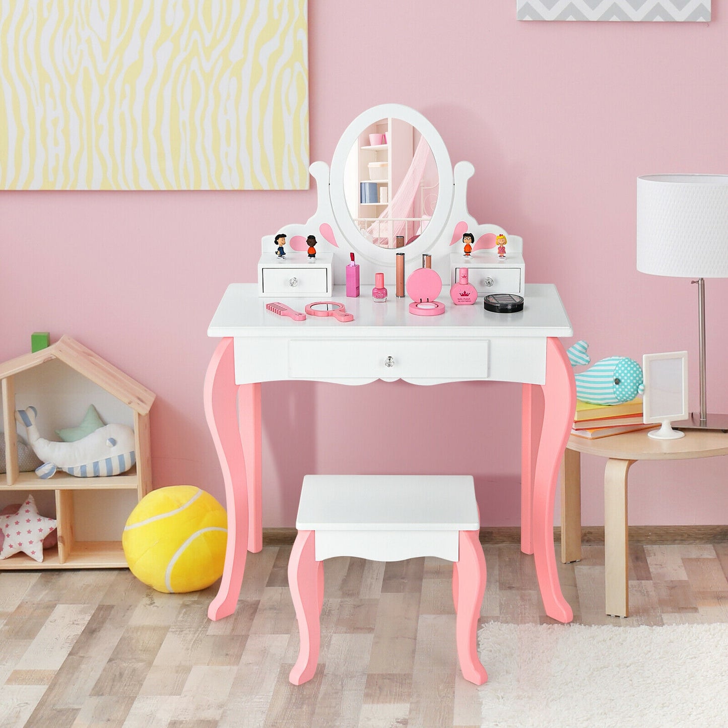 Kids Vanity Table Set with Mirror, Drawer & Stool - Pink