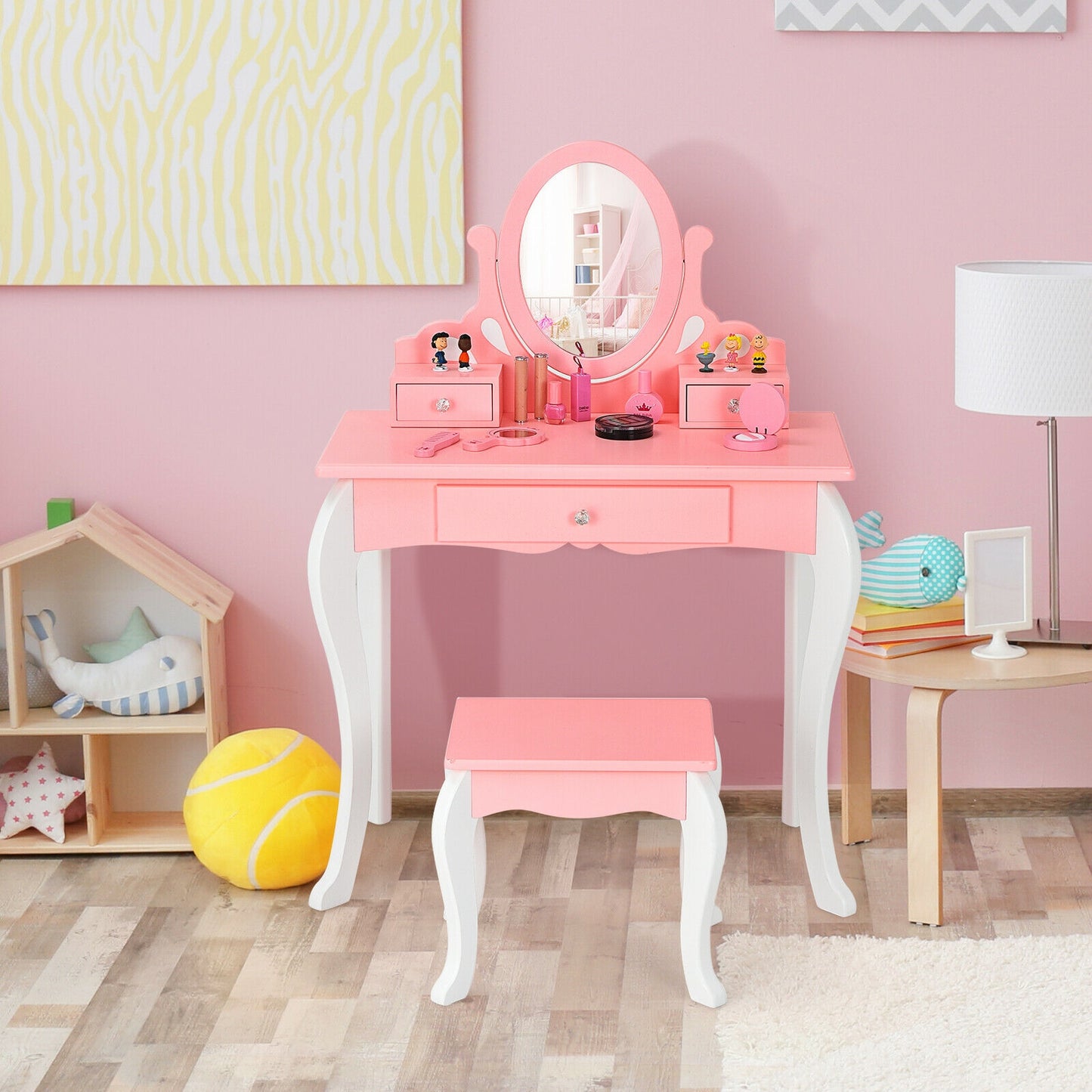 Kids Vanity Table Set with Mirror, Drawer & Stool - Pink