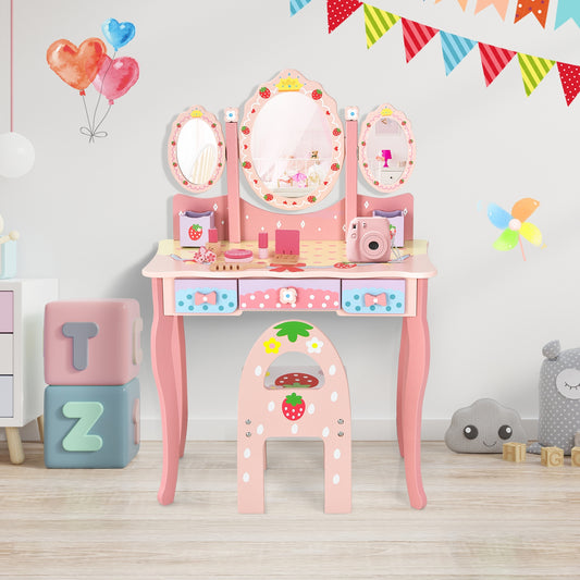 Kids Vanity Table Set with Tri-Fold Mirror and Chair