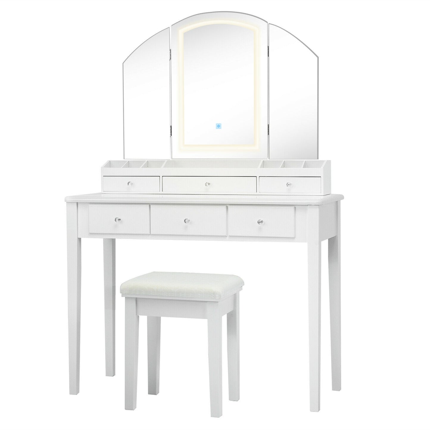 Tri-Fold Lighted Makeup Vanity Table with Stool Set