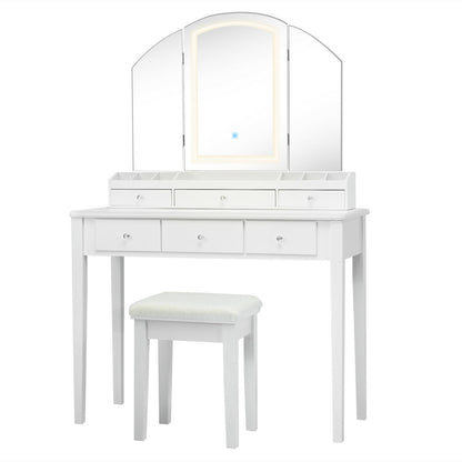 Tri-Fold Lighted Makeup Vanity Table with Stool Set