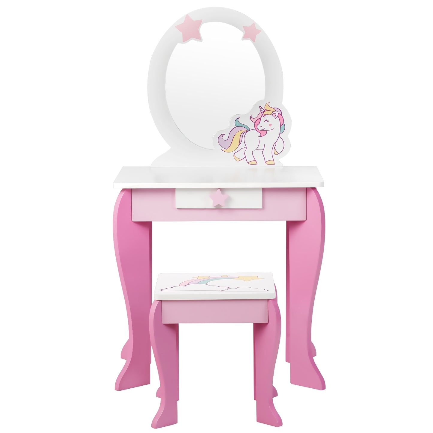 Kids Wooden Vanity Table and Chair Set with Mirror and Drawer