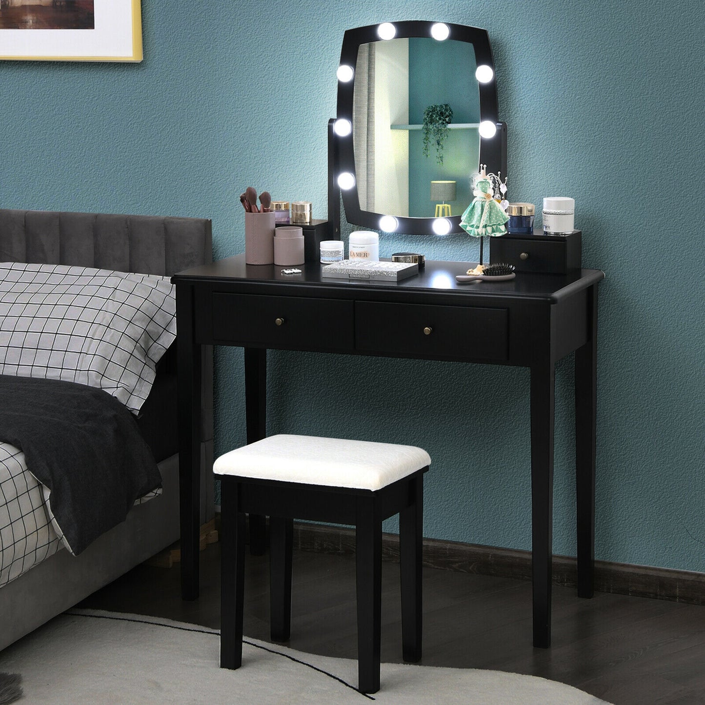 Lighted Vanity Table Set with Mirror and Stool