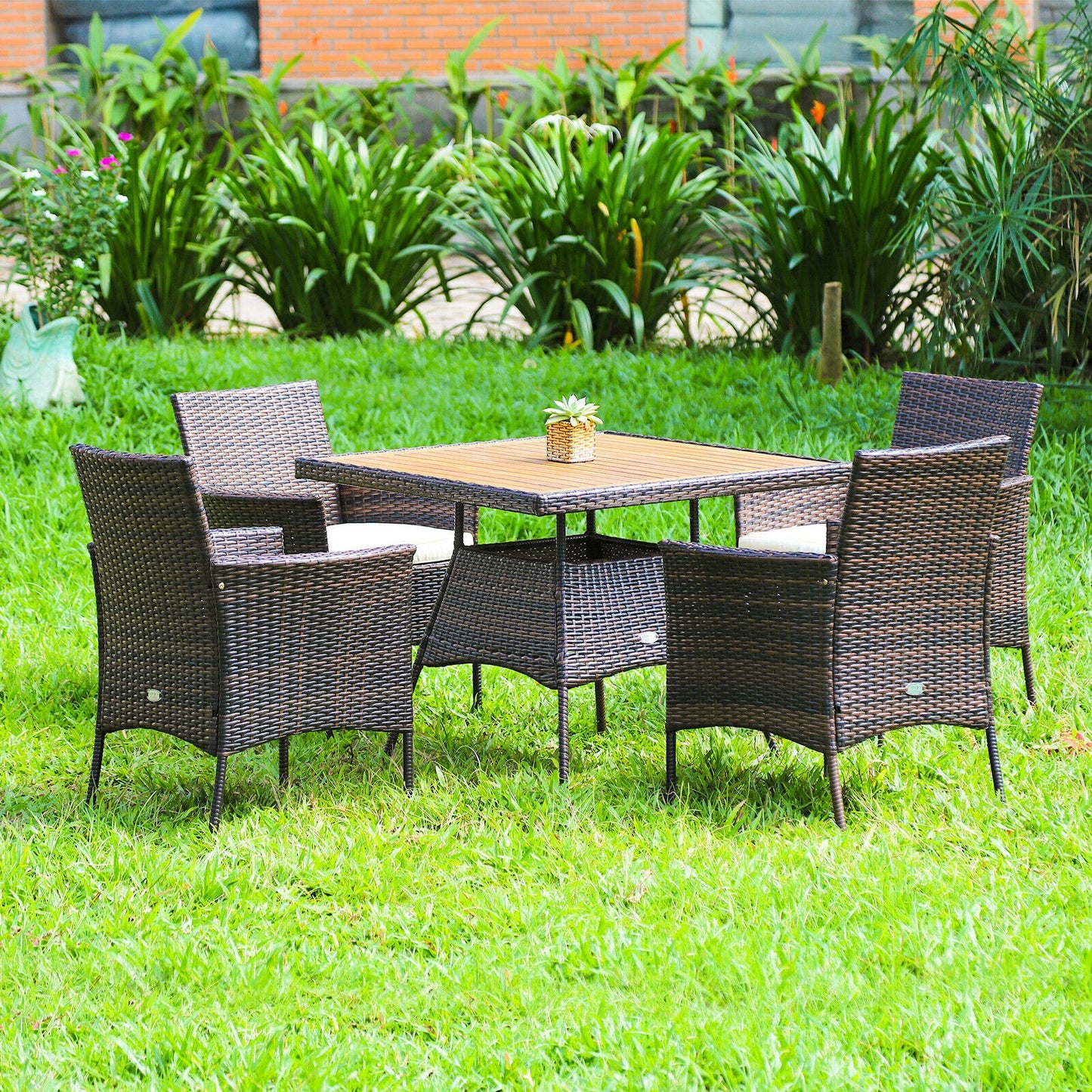 5-Piece Patio Dining Set with Rattan Chairs & Wood Table