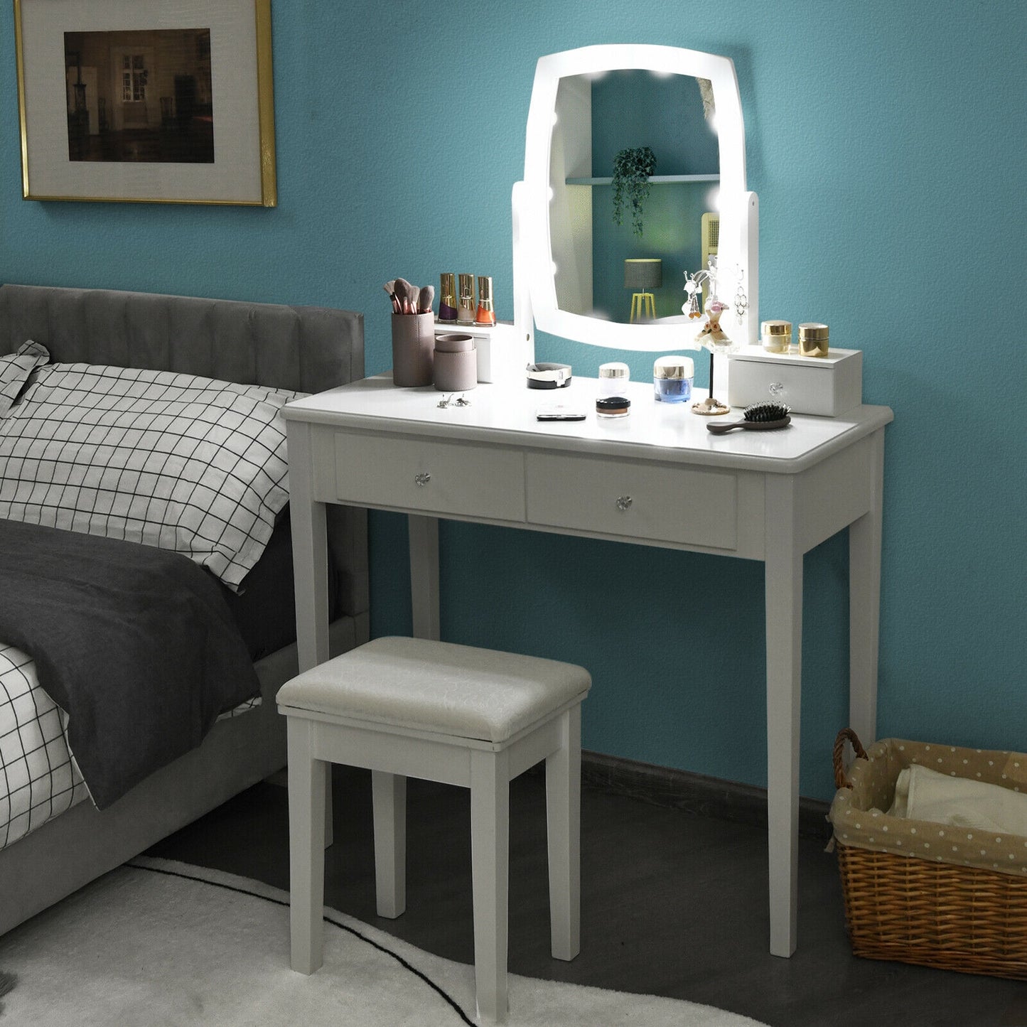 Lighted Vanity Table Set with Mirror and Stool