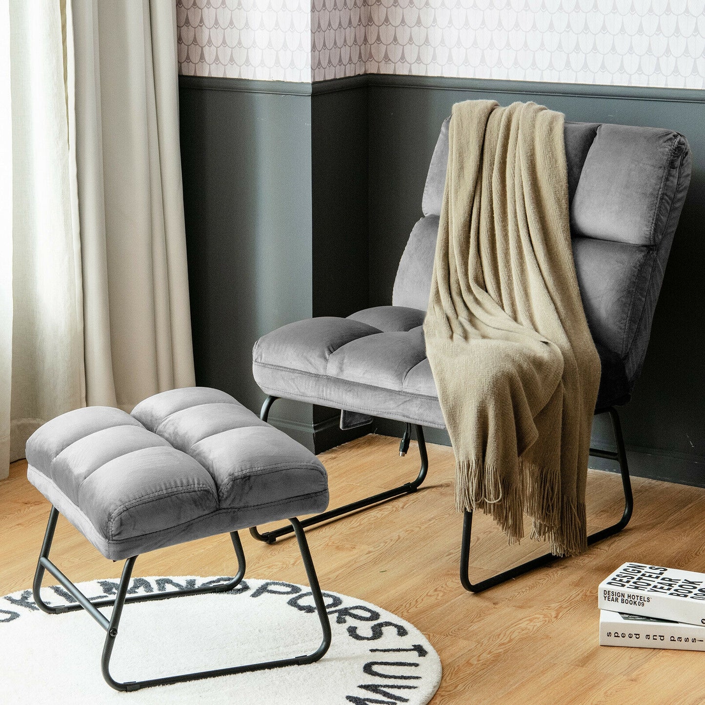 Velvet Massage Recliner Chair with Ottoman and Remote Control