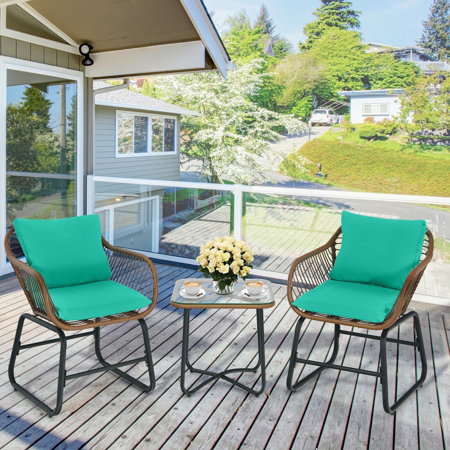 3-Piece Rattan Bistro Set with Cushioned Chairs & Glass Table