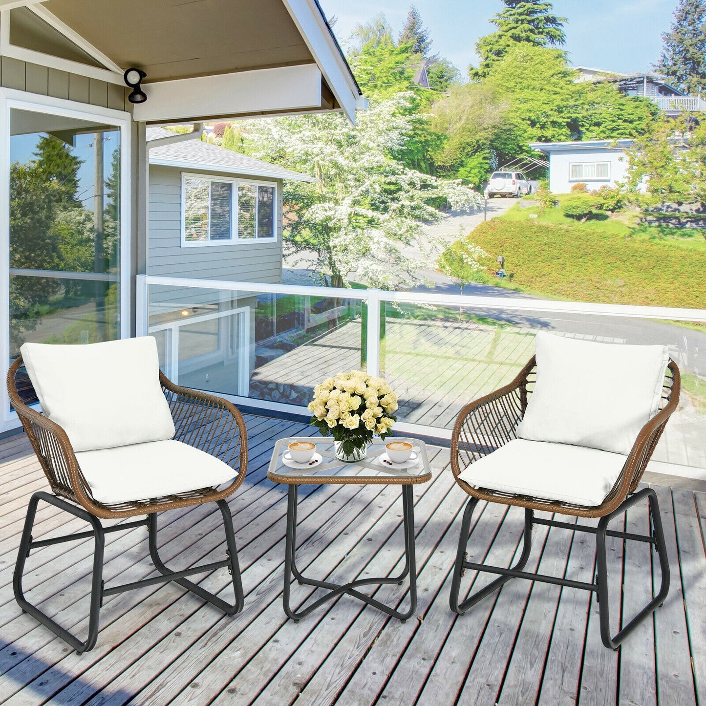 3-Piece Rattan Bistro Set with Cushioned Chairs & Glass Table