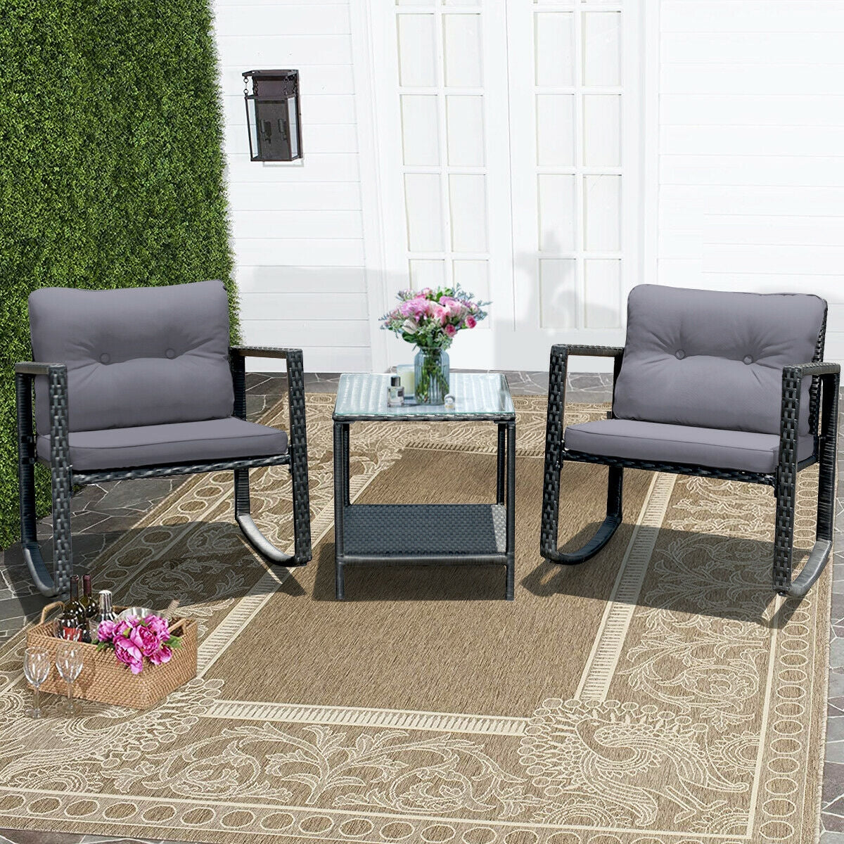 3-Piece Patio Rocking Chair Set with Cushions & Glass Table