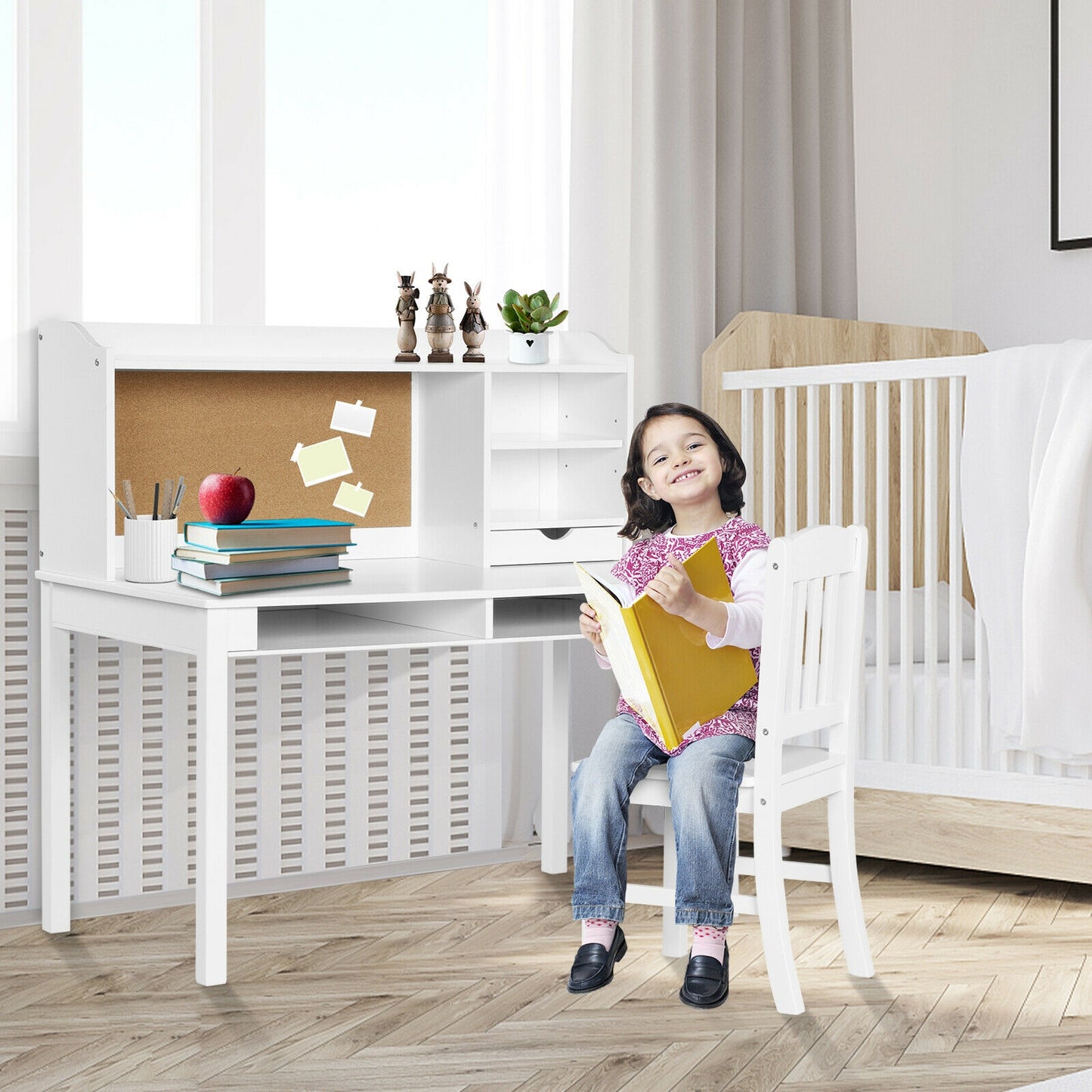 Kids Desk and Chair Set with Hutch and Storage Shelves