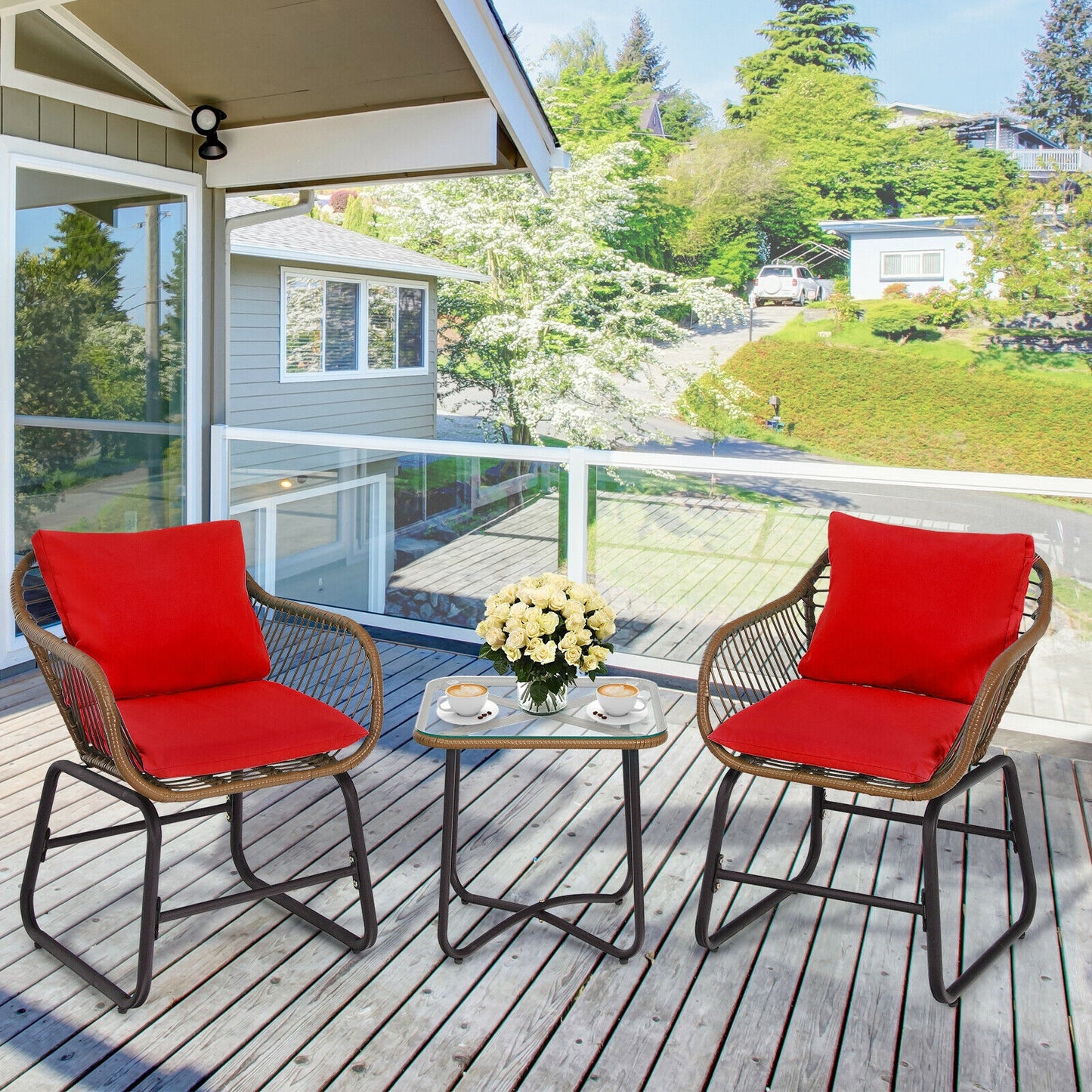 3-Piece Rattan Bistro Set with Cushioned Chairs & Glass Table
