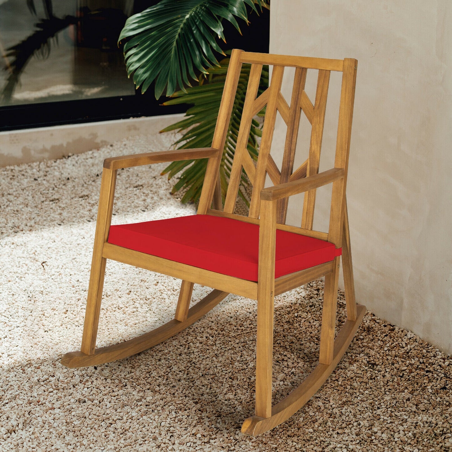 Acacia Wood Patio Rocking Chair with Cushion and Armrests