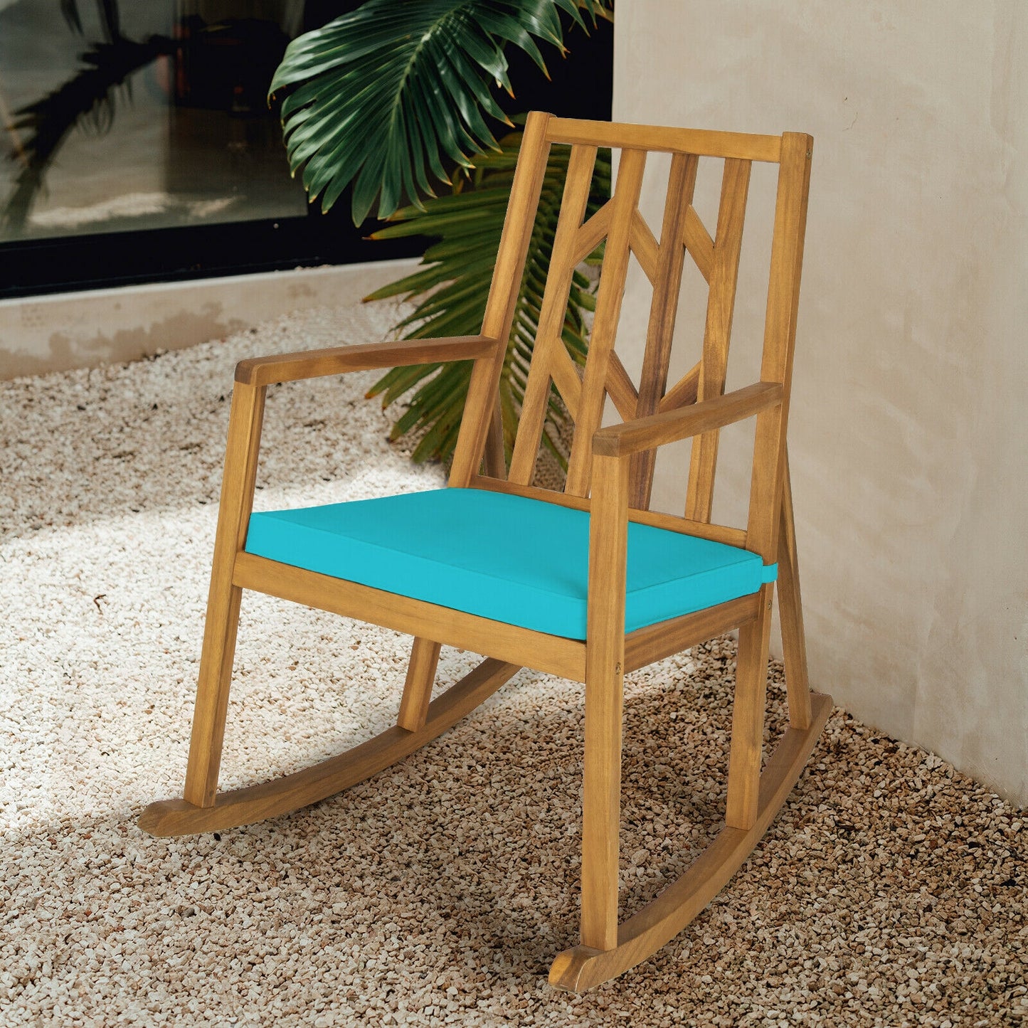 Acacia Wood Patio Rocking Chair with Cushion and Armrests