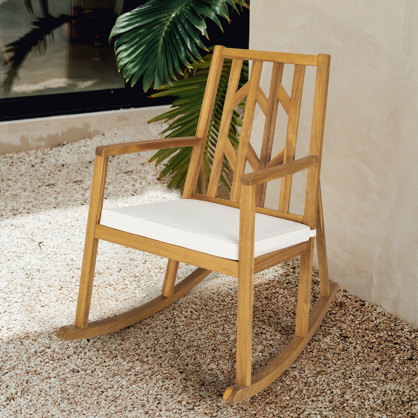 Acacia Wood Patio Rocking Chair with Cushion and Armrests