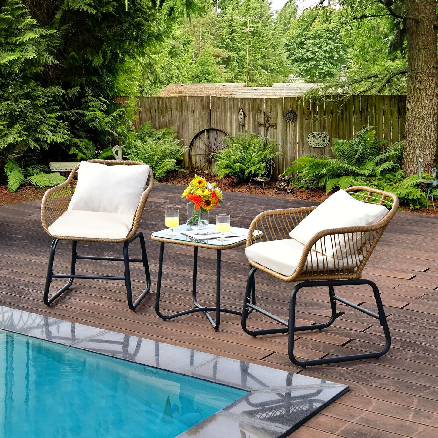 3-Piece Patio Bistro Set with Rattan Chairs & Glass Table