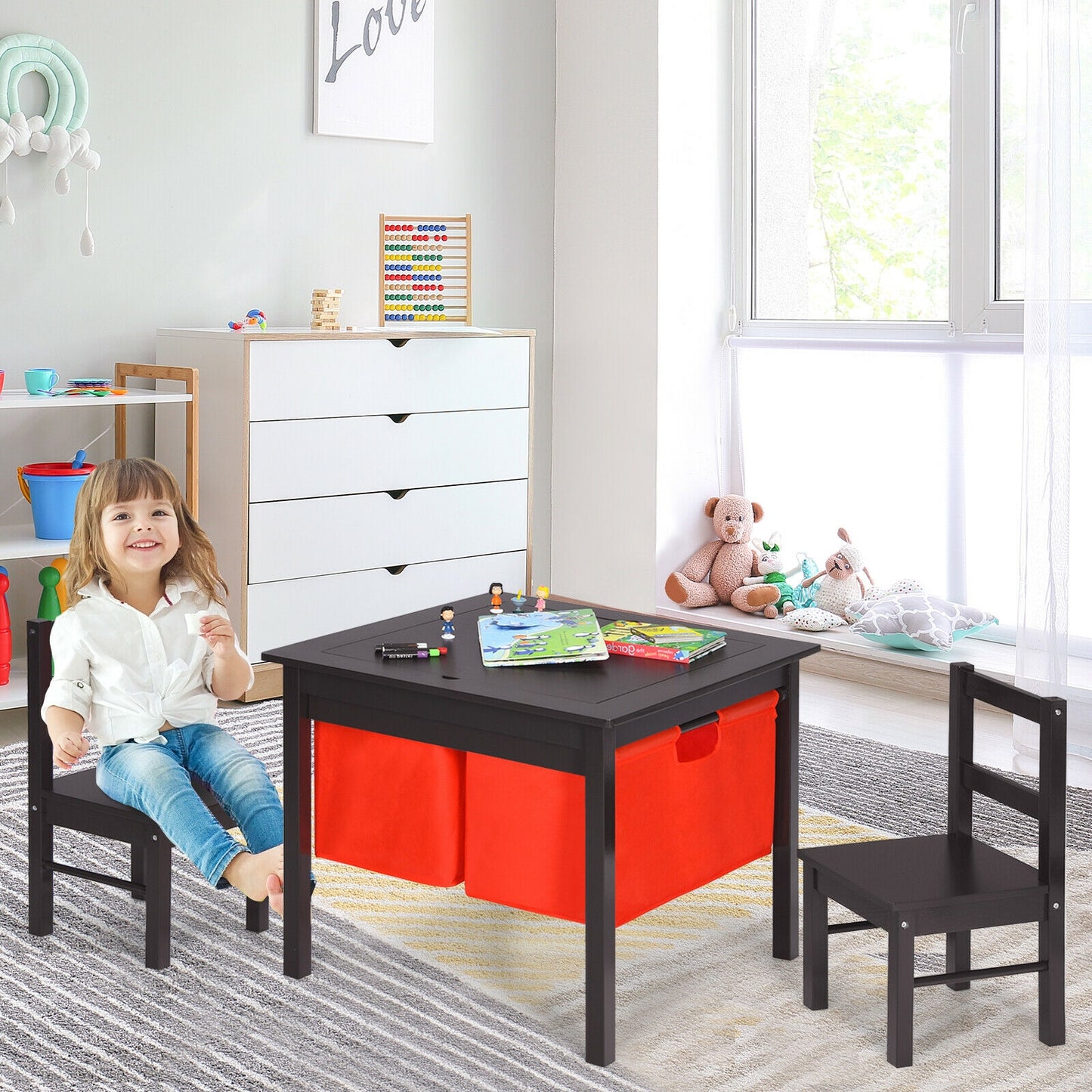 Kids Activity Table and 2 Chairs Set with Storage Drawers