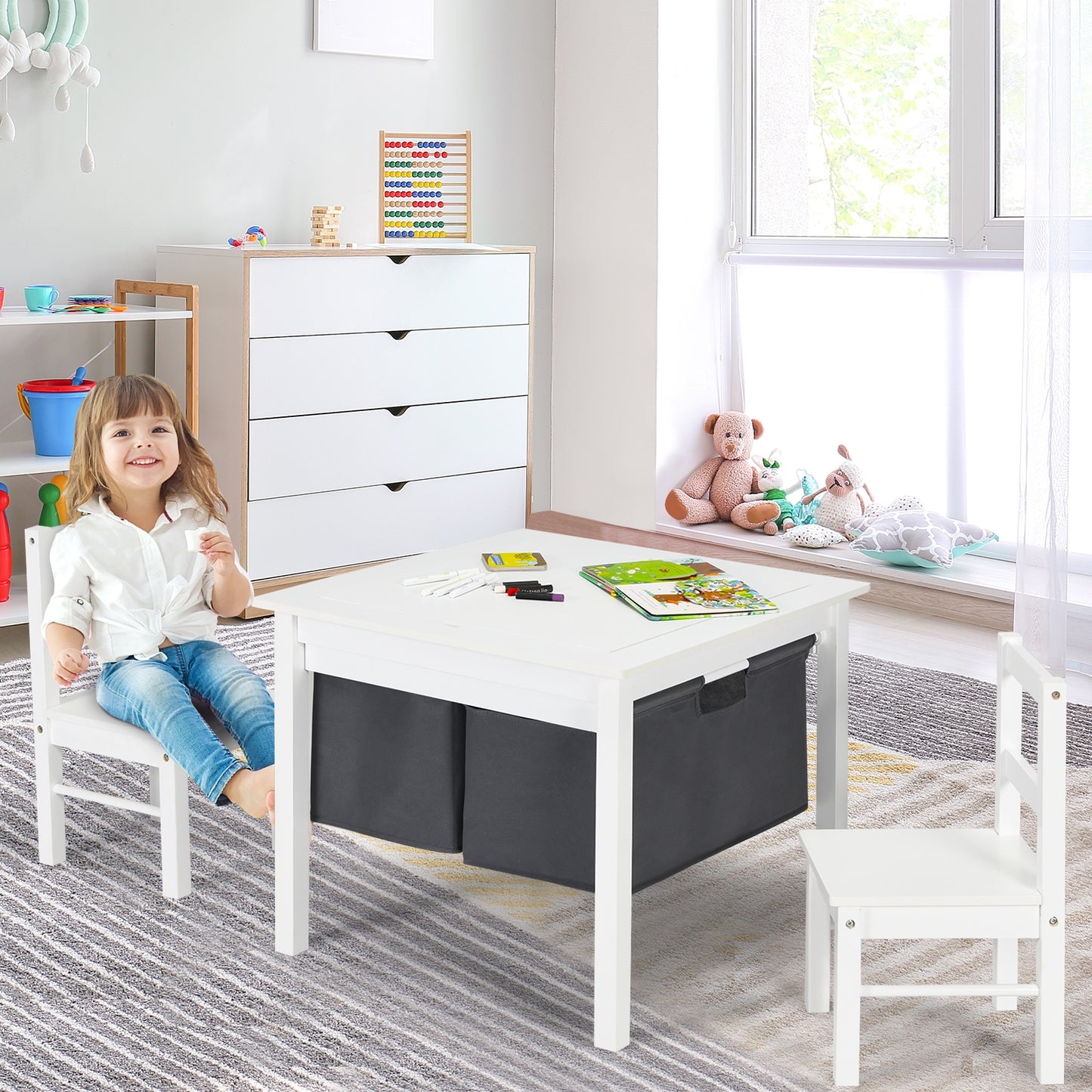 Kids Activity Table and 2 Chairs Set with Storage Drawers