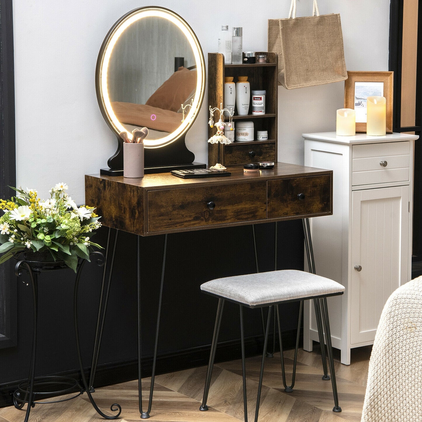 Vanity Table Set with Lighted Mirror and Cushioned Stool