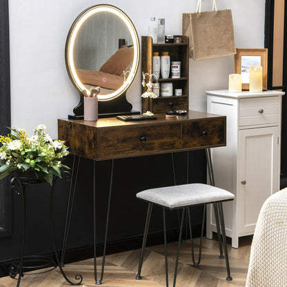 Vanity Table Set with Lighted Mirror and Cushioned Stool