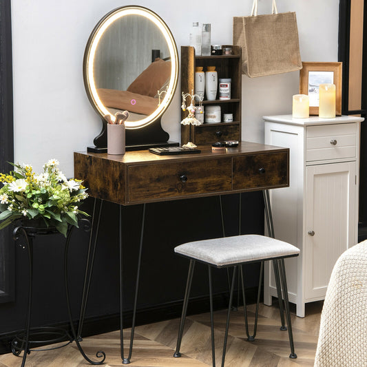 Vanity Table Set with Lighted Mirror and Cushioned Stool