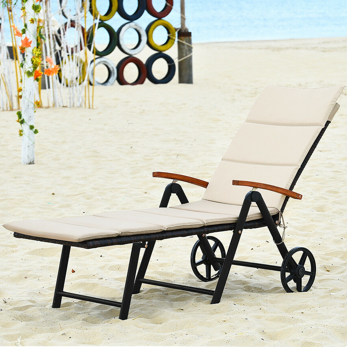 Adjustable Rattan Chaise Lounge Chair with Cushion