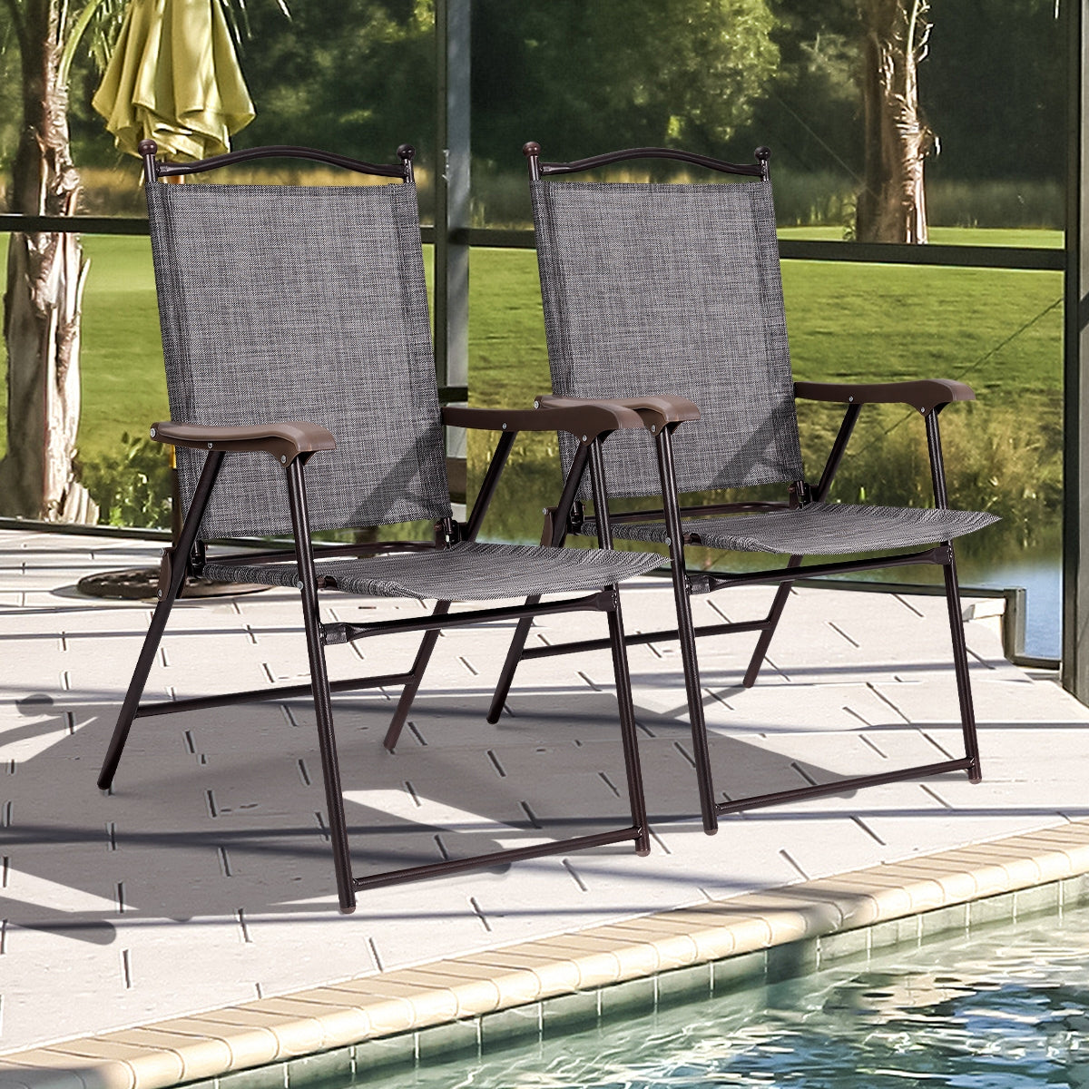 Folding Sling Back Patio Chairs Set of 2