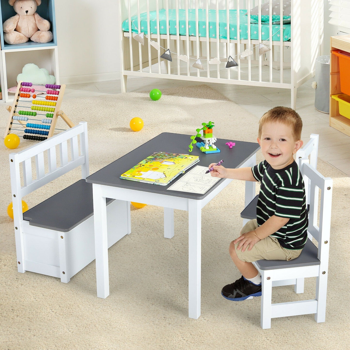 Kids Wooden Activity Table and Chairs Set with Storage Bench