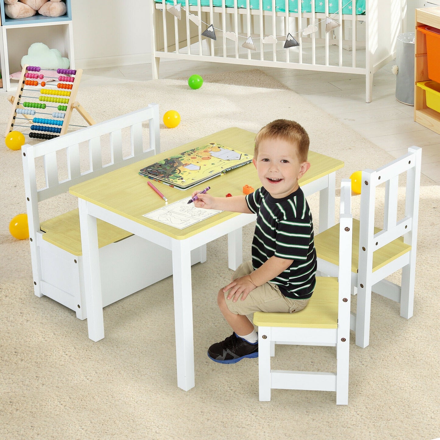 Kids Wooden Activity Table and Chairs Set with Storage Bench