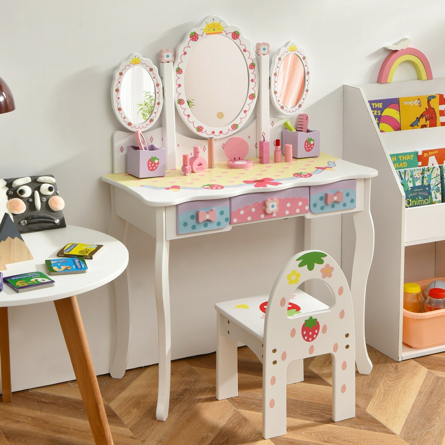 Kids Vanity Table Set with Tri-Fold Mirror and Chair