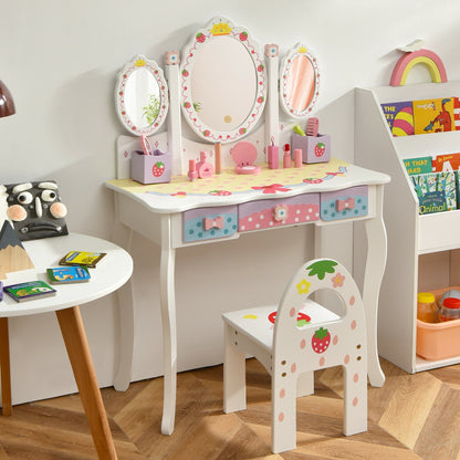 Kids Vanity Table Set with Tri-Fold Mirror and Chair