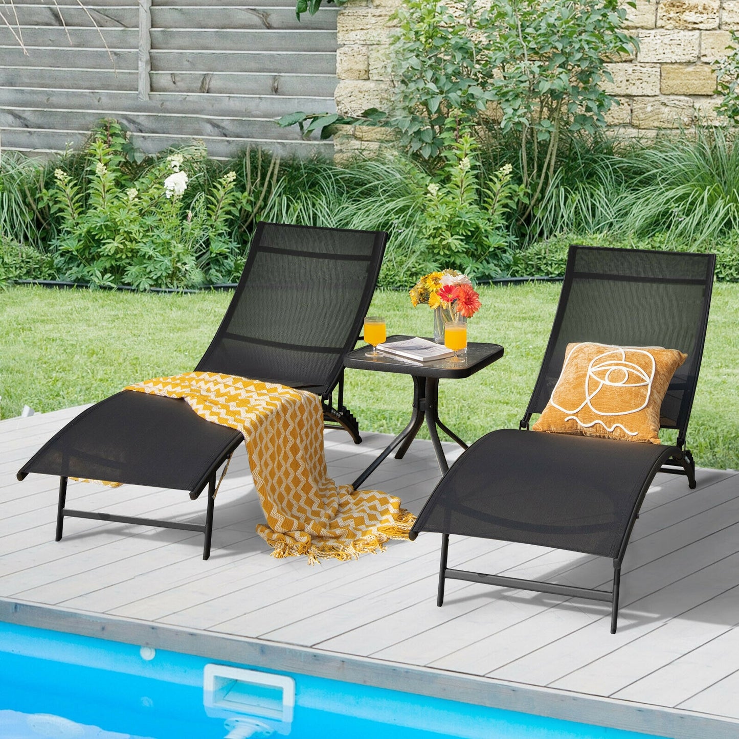 Folding Chaise Lounge Chairs Set of 2 with 5-Position Backrest