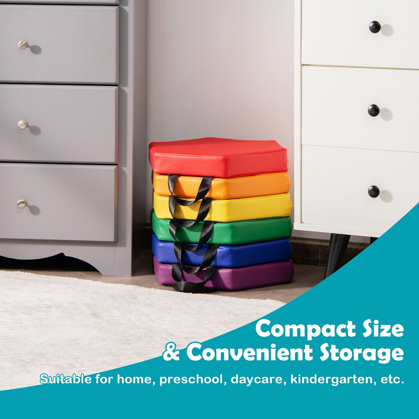 Hexagon Toddler Floor Cushions with Handles, 6-Piece Set