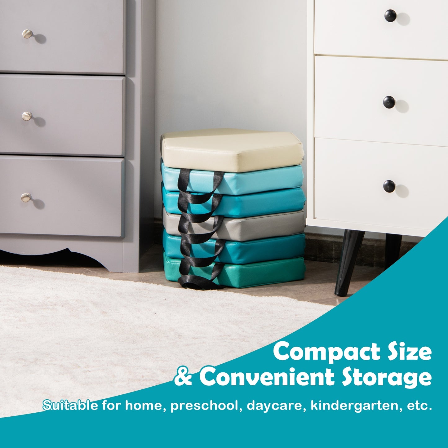 Hexagon Toddler Floor Cushions with Handles, 6-Piece Set