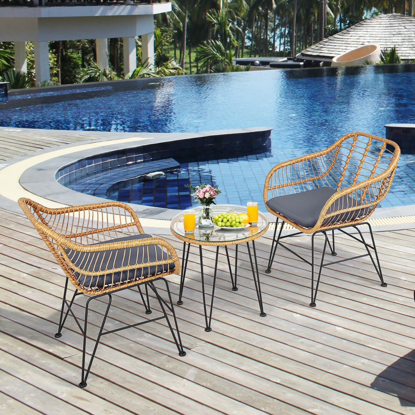 3-Piece Rattan Patio Conversation Set with Cushioned Chairs