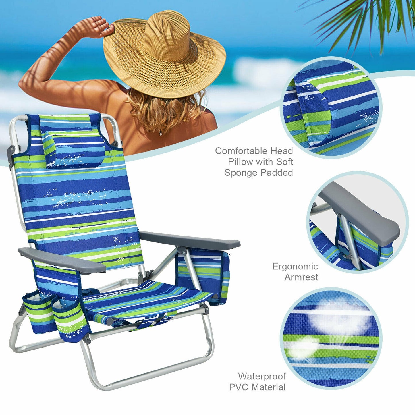 Folding Beach Chair 4-Pack with Adjustable Backrest & Pillow