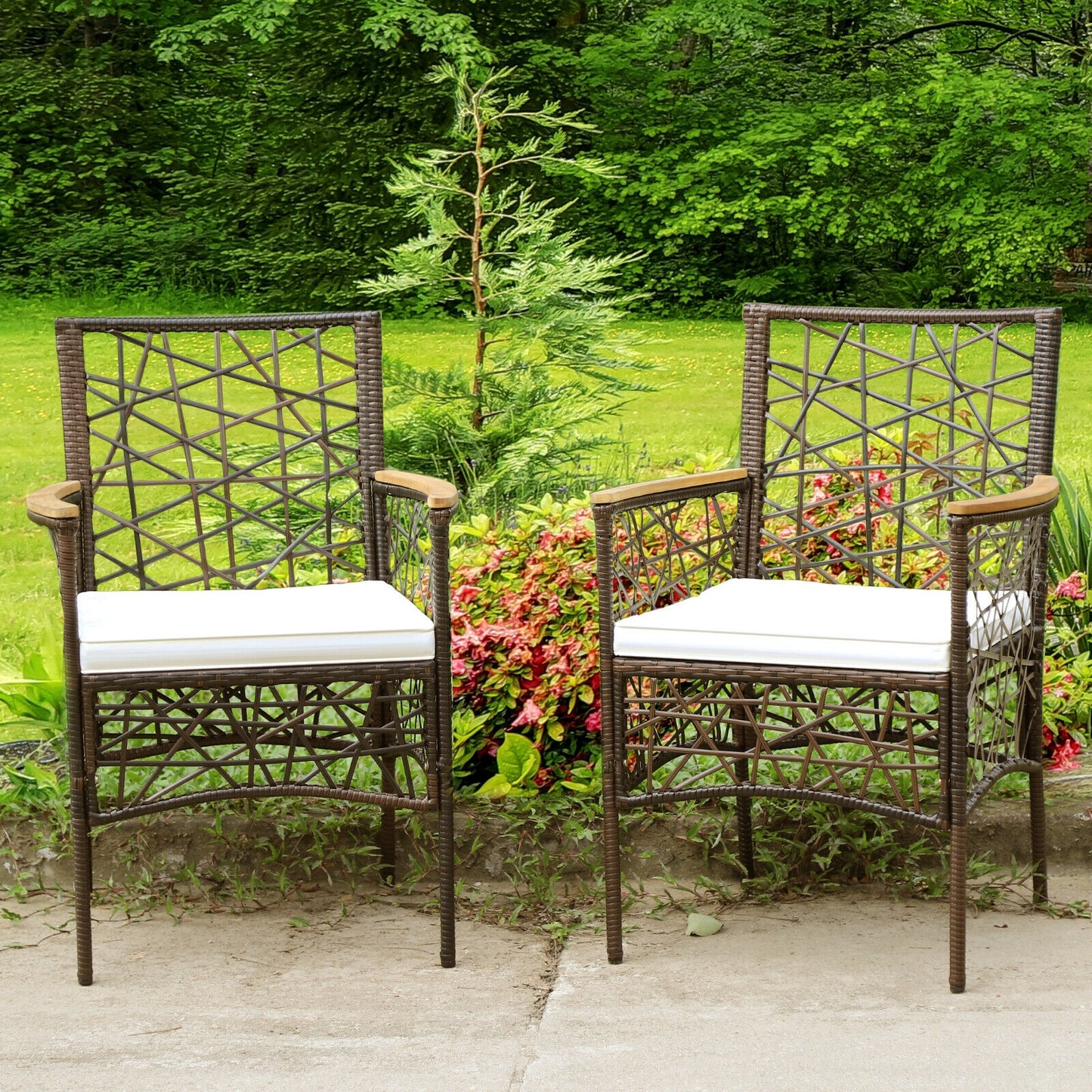 Patio Dining Chairs Set of 2 with Cushions & Wood Armrests