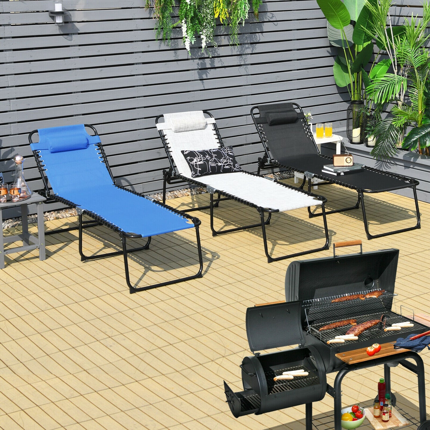Adjustable Folding Lounge Chair with Footrest - 265 lb Capacity