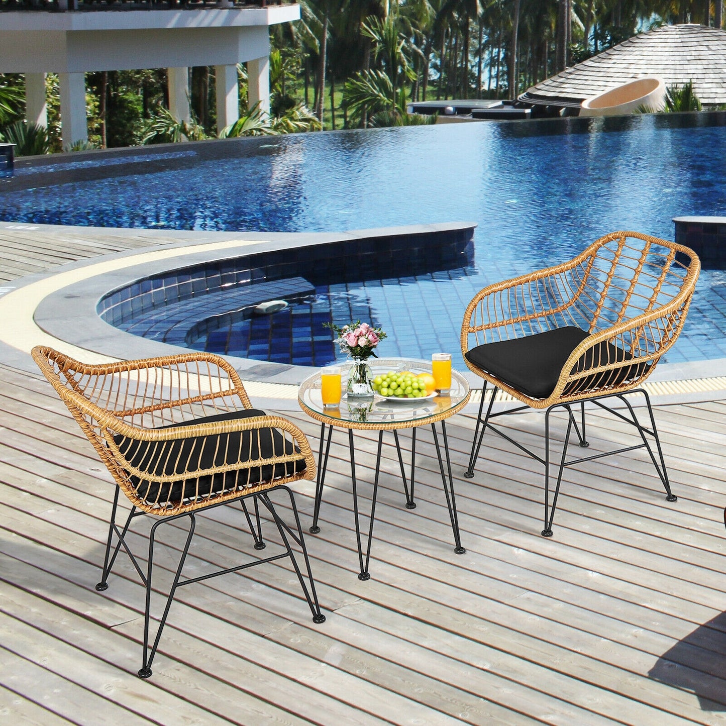3-Piece Rattan Patio Conversation Set with Cushioned Chairs