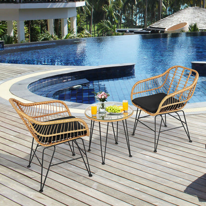 3-Piece Rattan Patio Conversation Set with Cushioned Chairs
