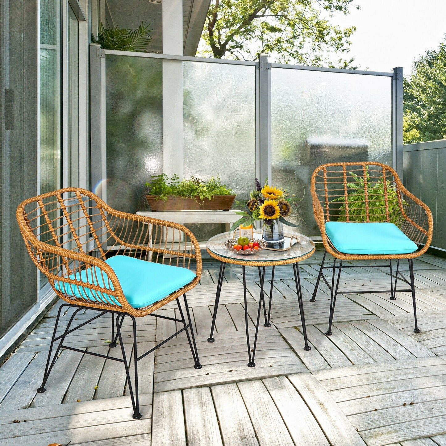 3-Piece Rattan Patio Conversation Set with Cushioned Chairs