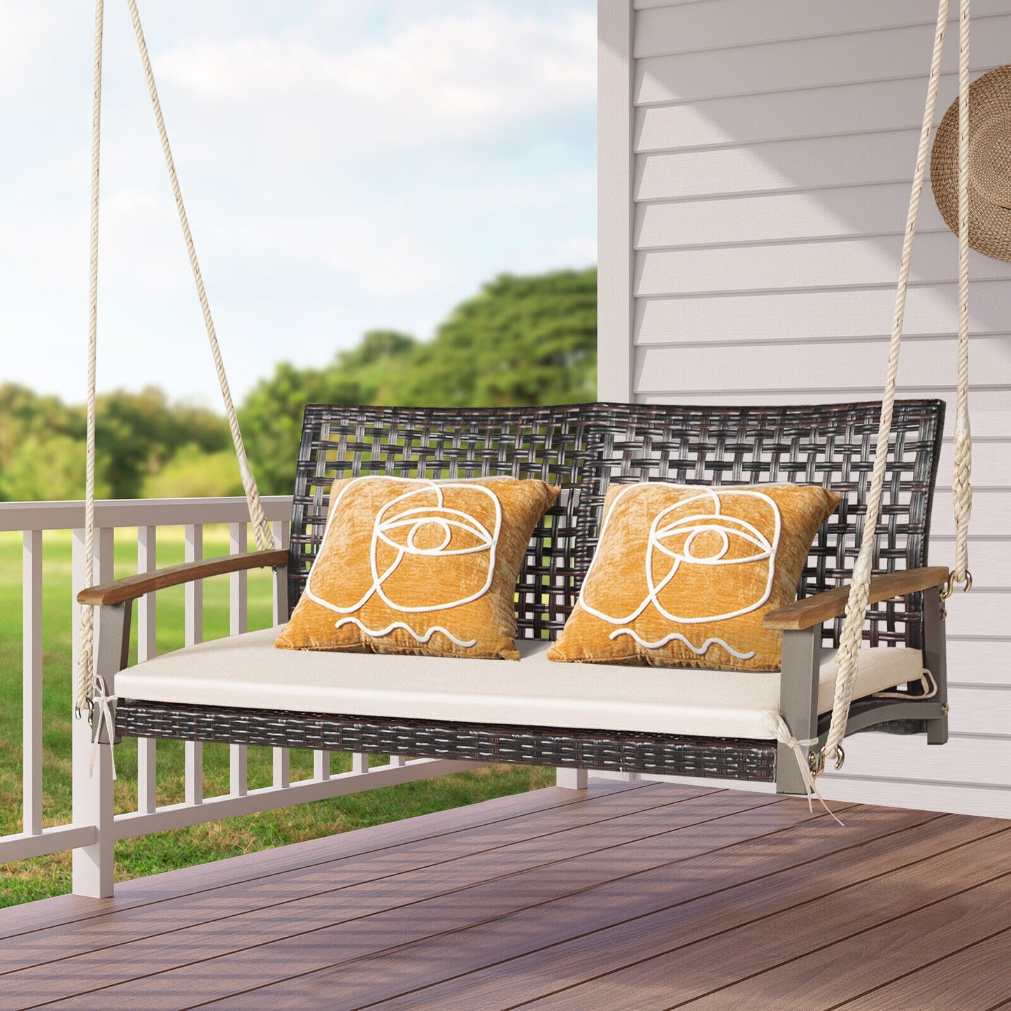 2-Person Rattan Porch Swing Chair with Cushion