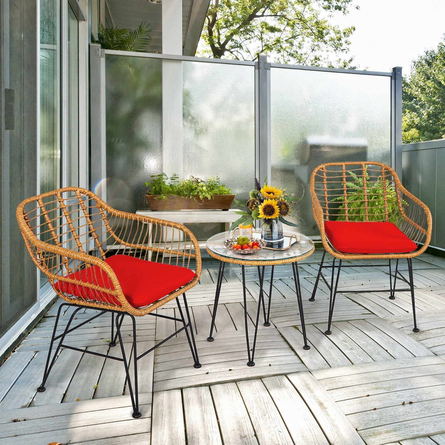 3-Piece Rattan Patio Conversation Set with Cushioned Chairs