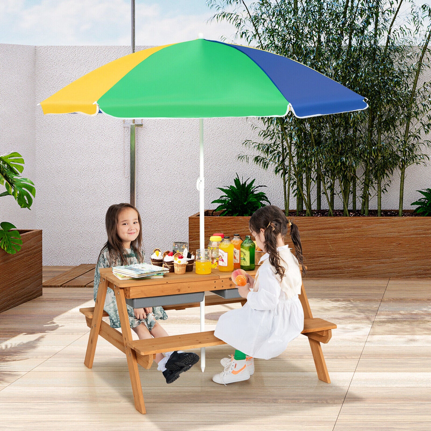 Kids Outdoor Picnic Table with Umbrella and Sand Water Play