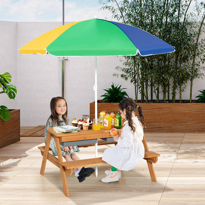 Kids Outdoor Picnic Table with Umbrella and Sand Water Play