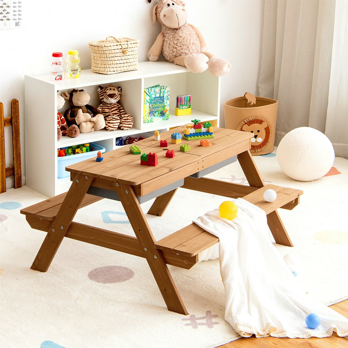 Kids Outdoor Picnic Table with Umbrella and Sand Water Play