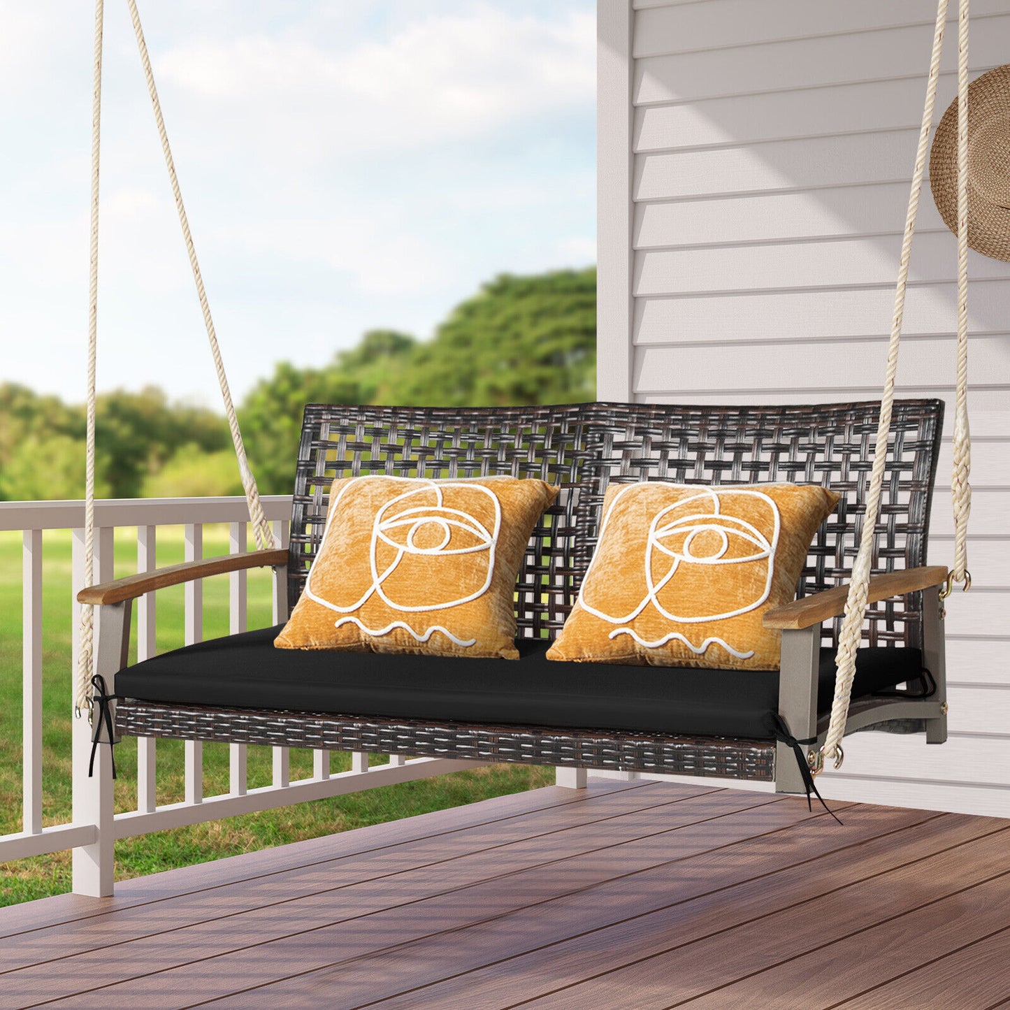 2-Person Rattan Porch Swing Chair with Cushion