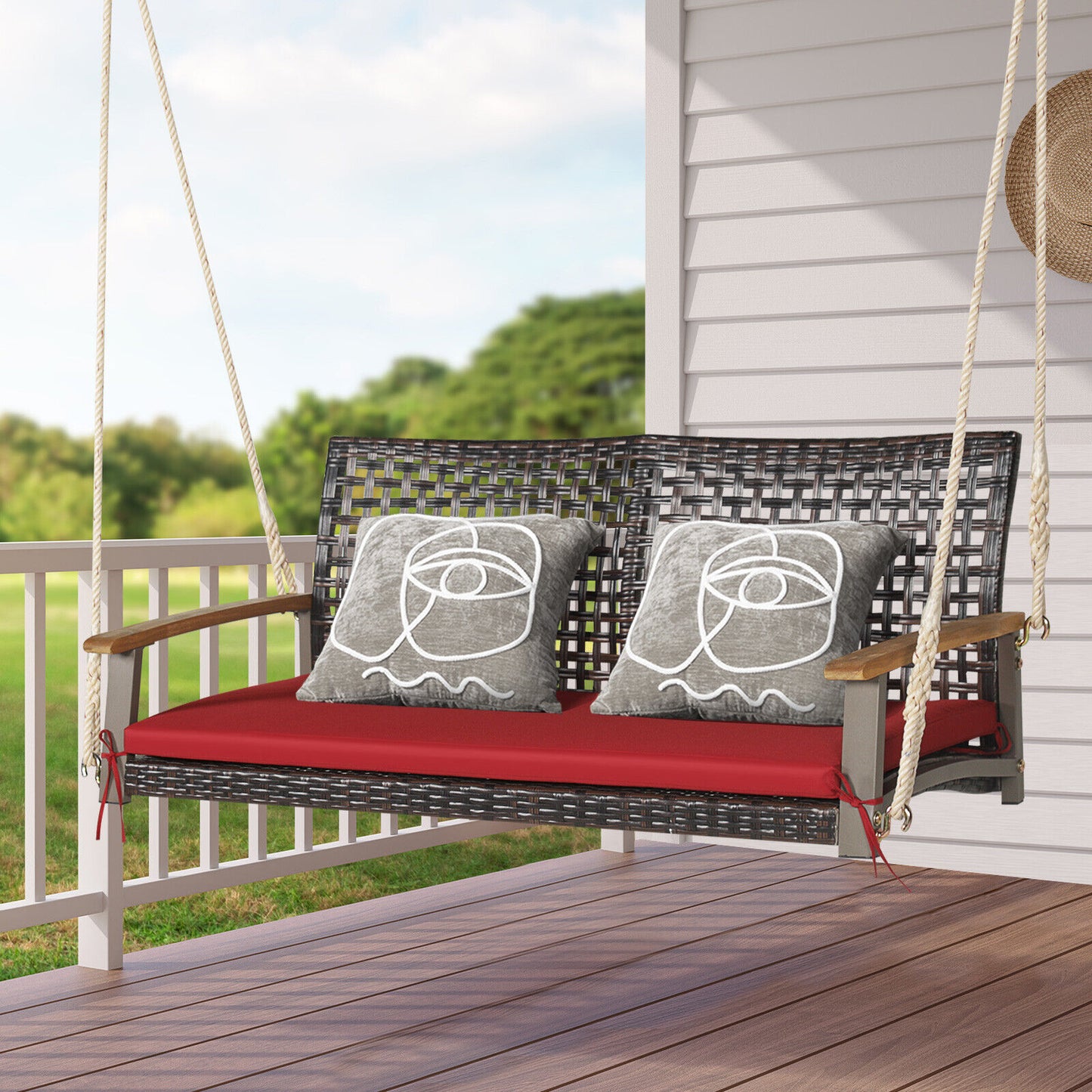 2-Person Rattan Porch Swing Chair with Cushion
