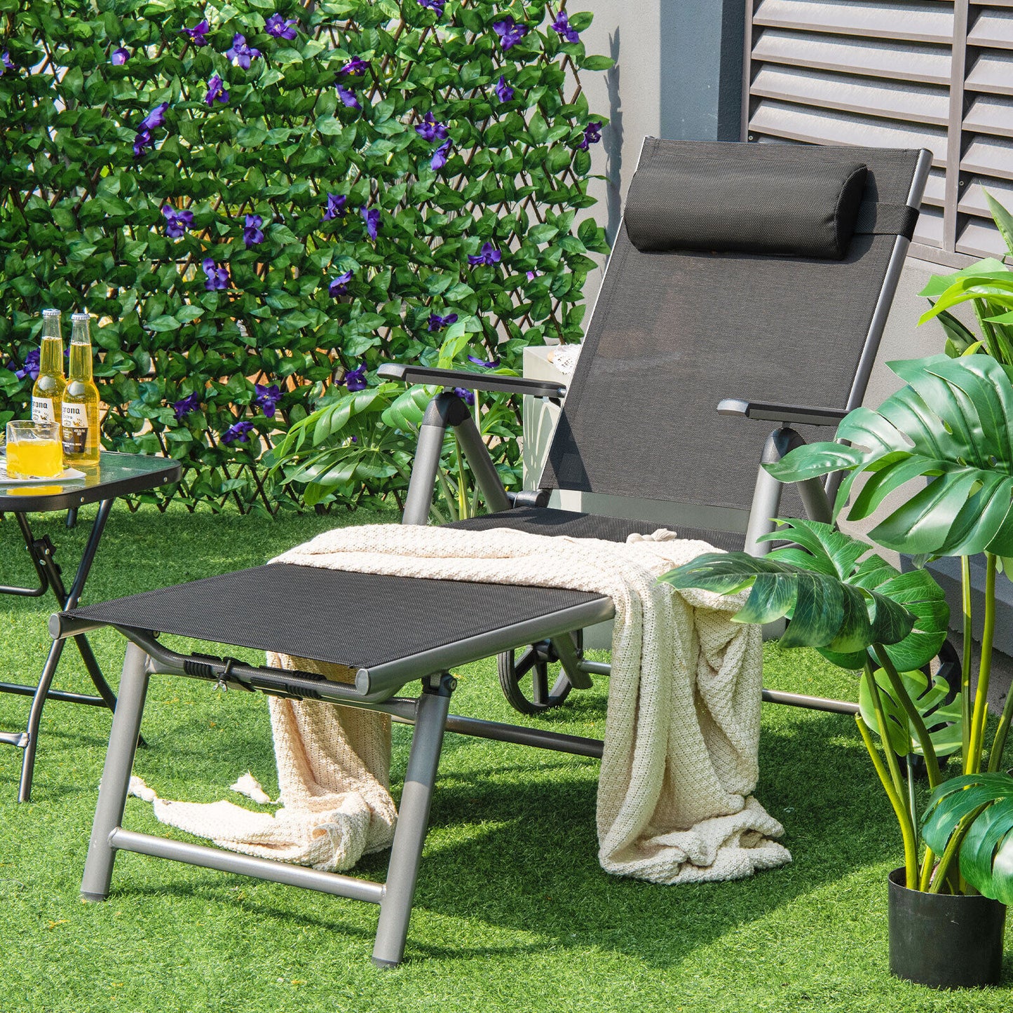 Adjustable Folding Chaise Lounge Chair with Wheels